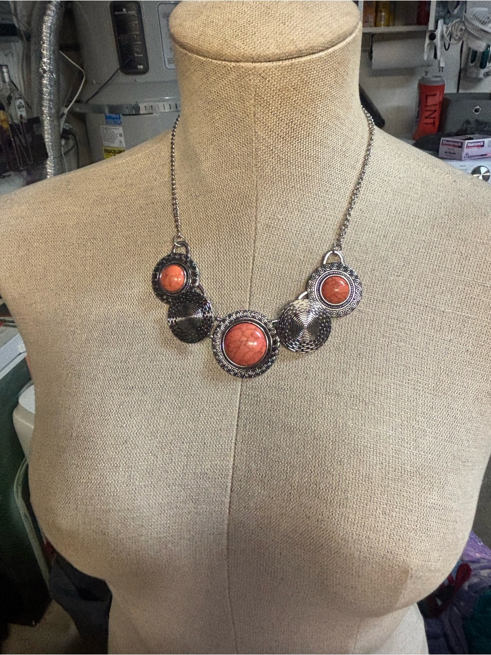 Silver Necklace with Coral Orange Stone Accents - Women's Necklace